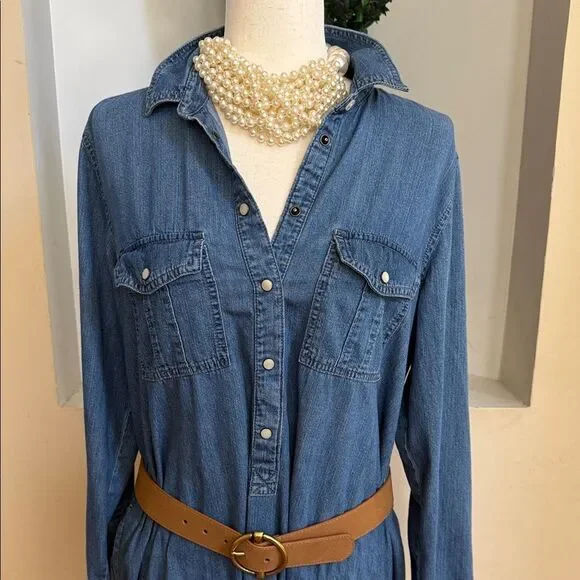 GAP Blue Long Sleeve Vintage Denim Pearl Snaps Dress with pockets - Picture 4 of 15